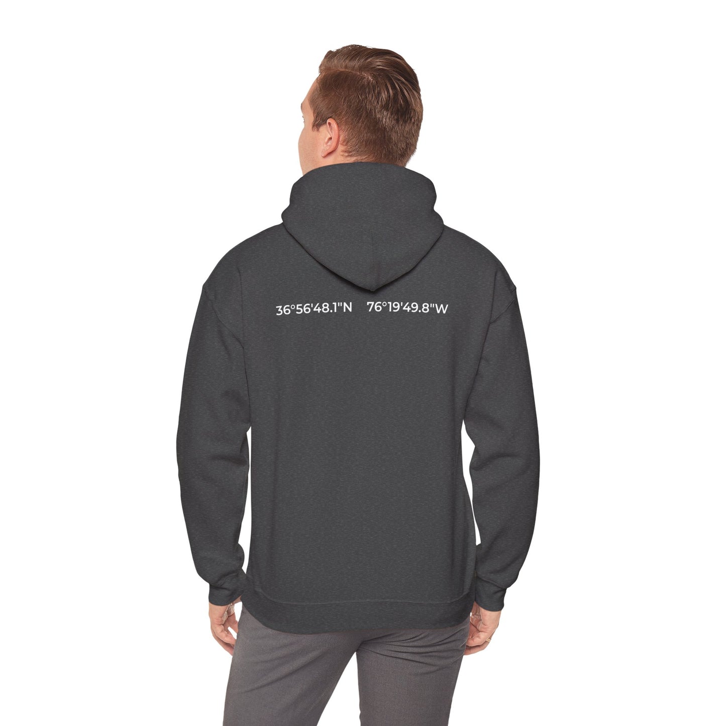 Naval Station Norfolk nautical coordinates 36°56′48.1″N 76°19′49.8″W — submariner hoodie back print detail