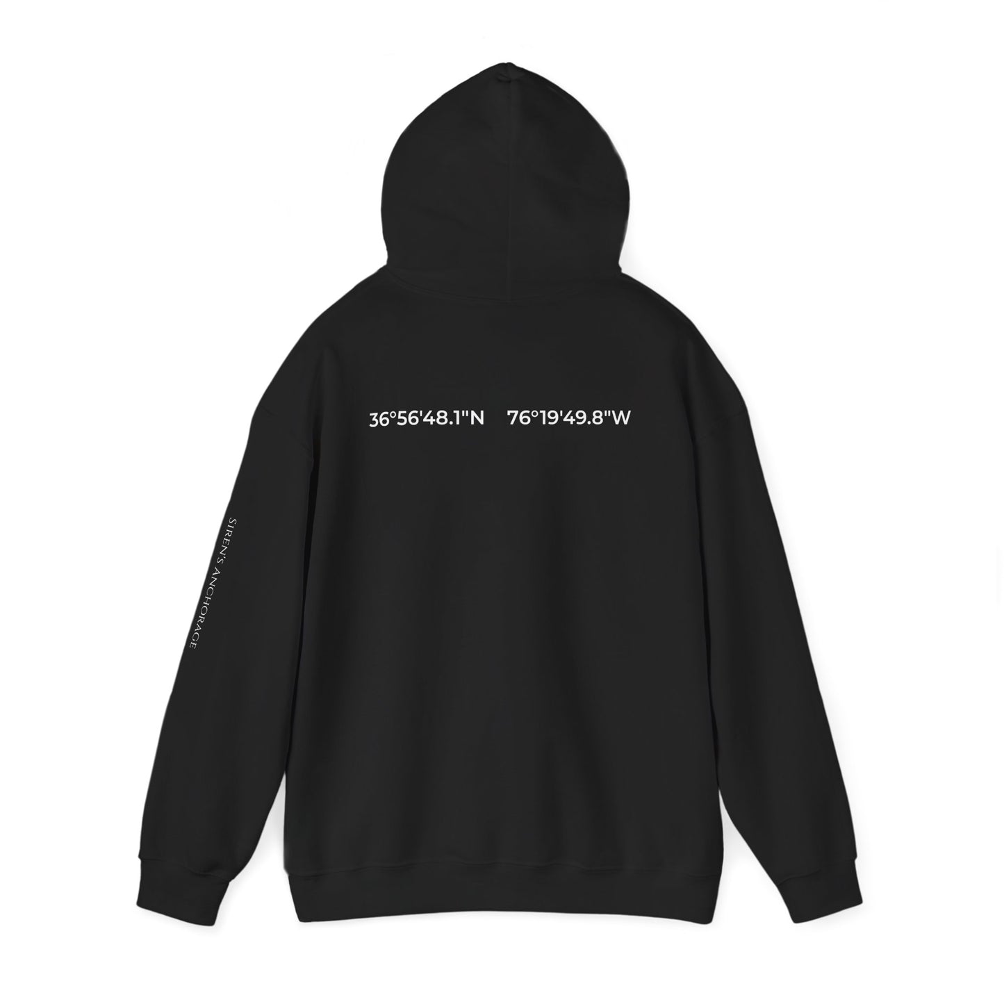 Naval Station Norfolk nautical coordinates 36°56′48.1″N 76°19′49.8″W — submariner hoodie back print detail