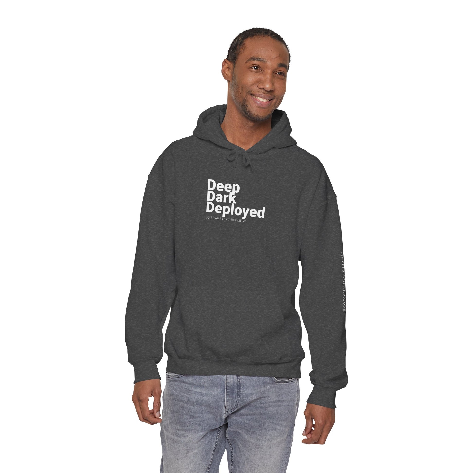 Naval Station Norfolk nautical coordinates 36°56′48.1″N 76°19′49.8″W — submariner hoodie back print detail