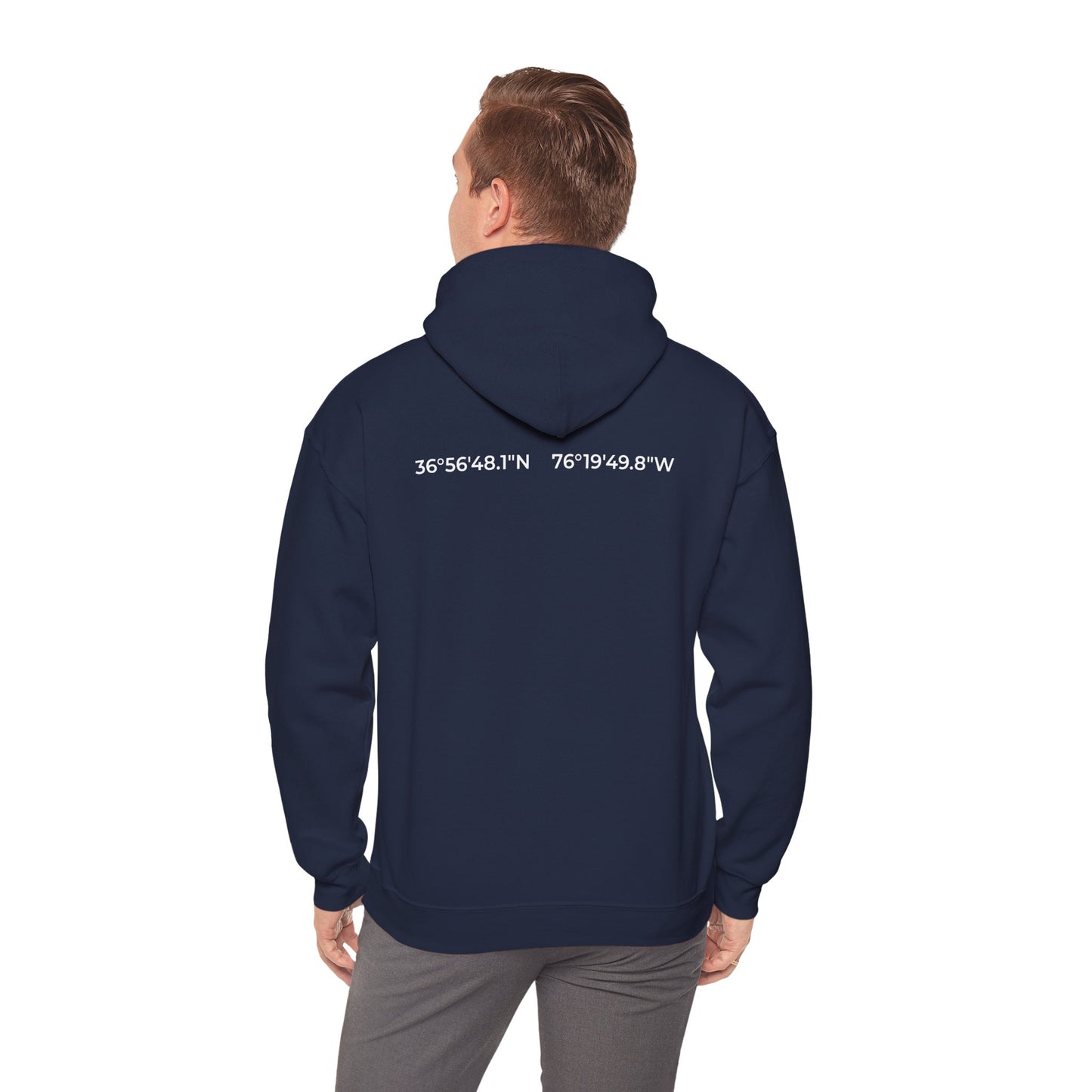 Naval Station Norfolk nautical coordinates 36°56′48.1″N 76°19′49.8″W — submariner hoodie back print detail