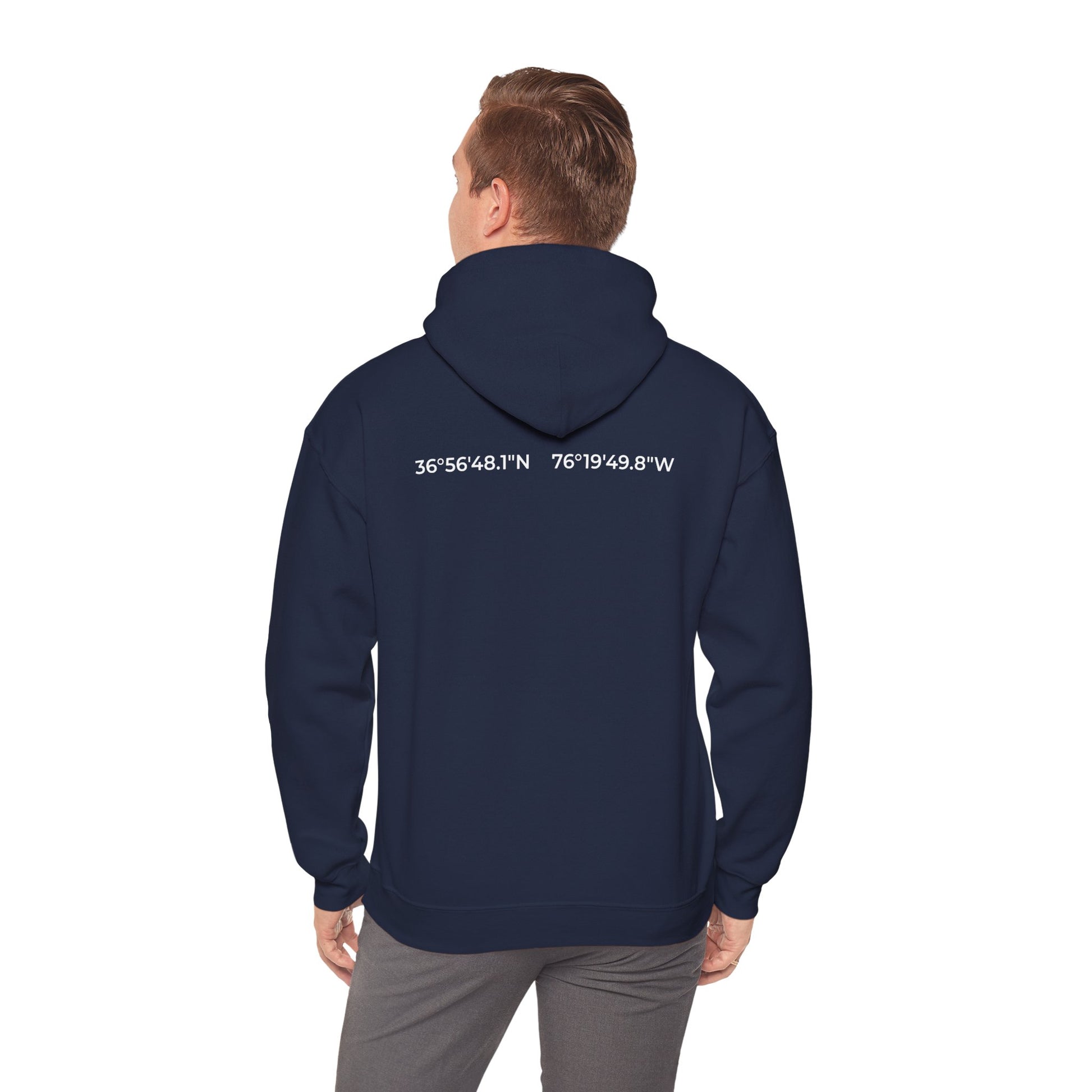 Naval Station Norfolk nautical coordinates 36°56′48.1″N 76°19′49.8″W — submariner hoodie back print detail
