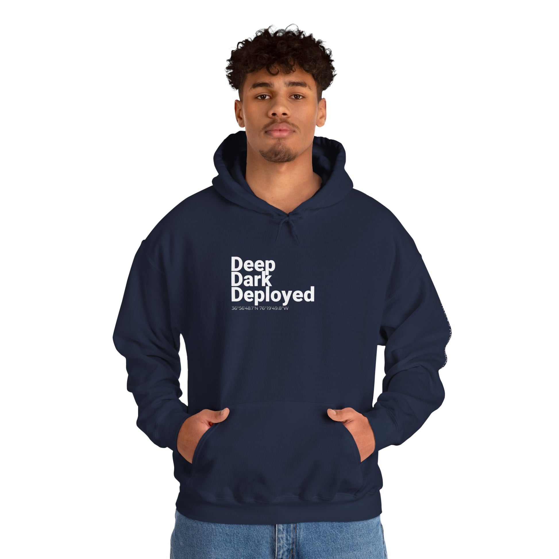Naval Station Norfolk nautical coordinates 36°56′48.1″N 76°19′49.8″W — submariner hoodie back print detail