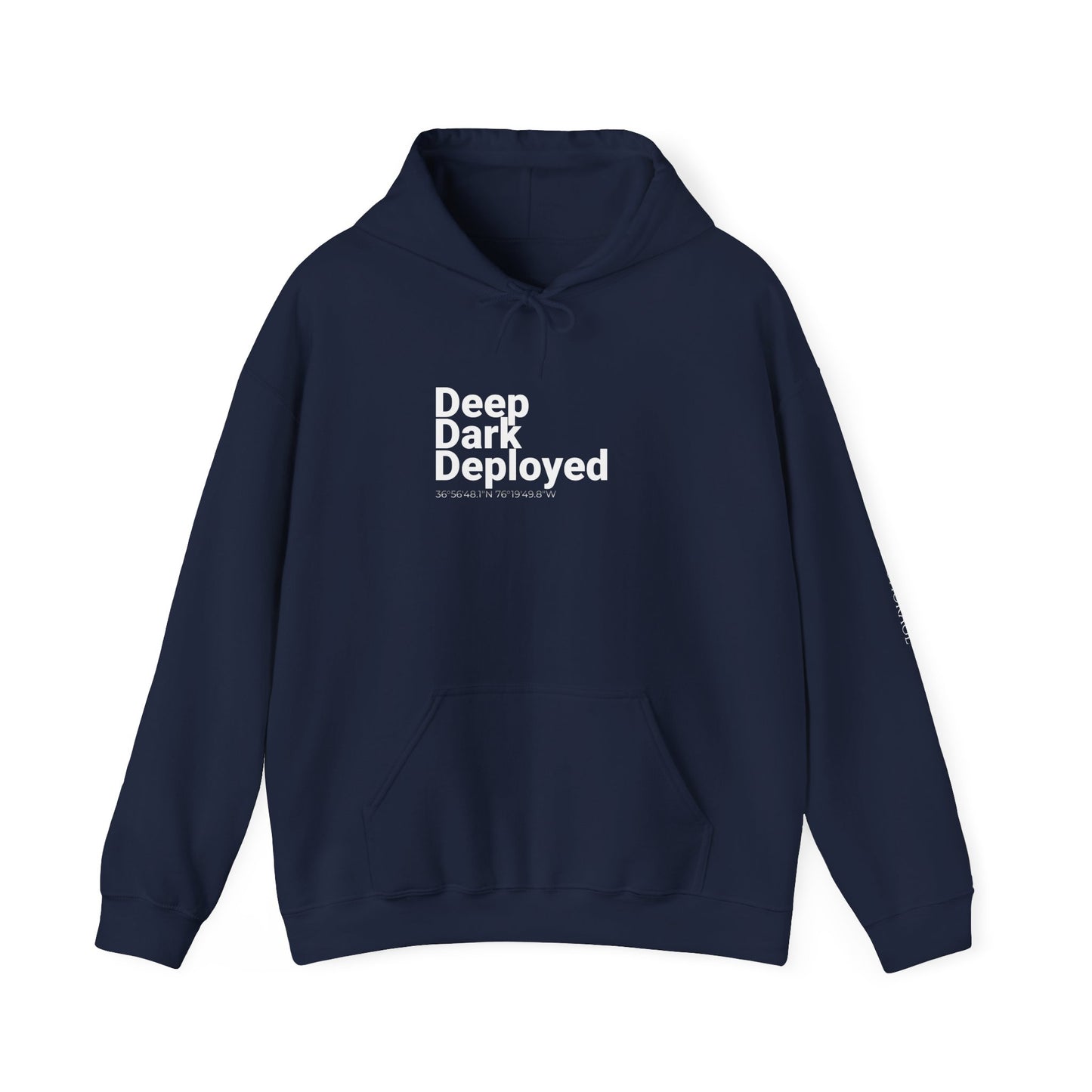 Naval Station Norfolk nautical coordinates 36°56′48.1″N 76°19′49.8″W — submariner hoodie back print detail
