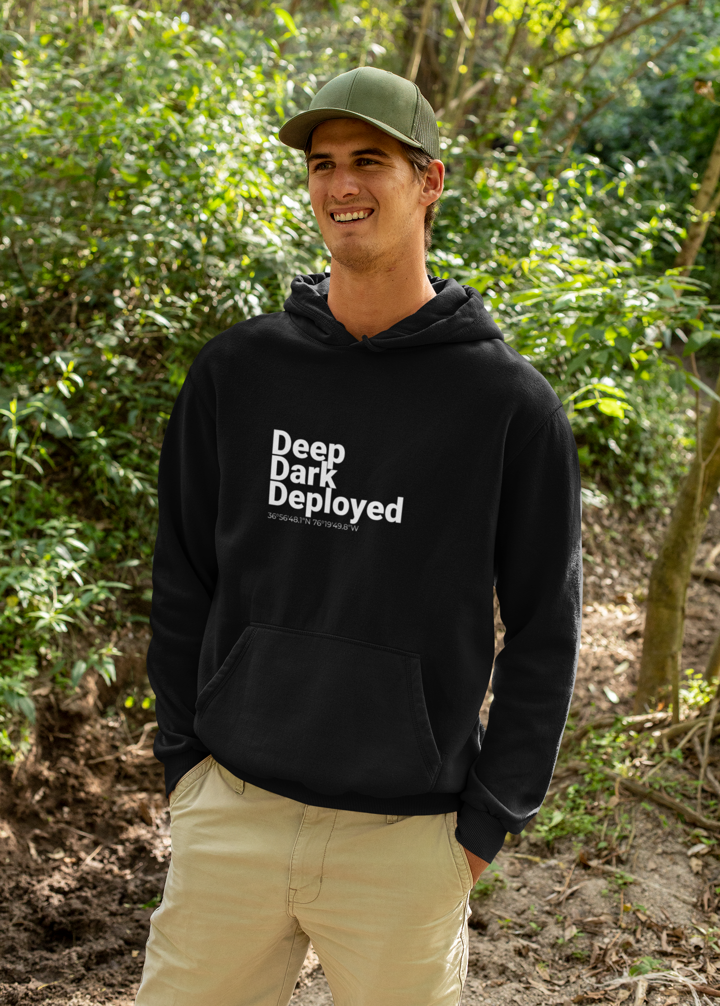 Naval Station Norfolk nautical coordinates 36°56′48.1″N 76°19′49.8″W — submariner hoodie back print detail