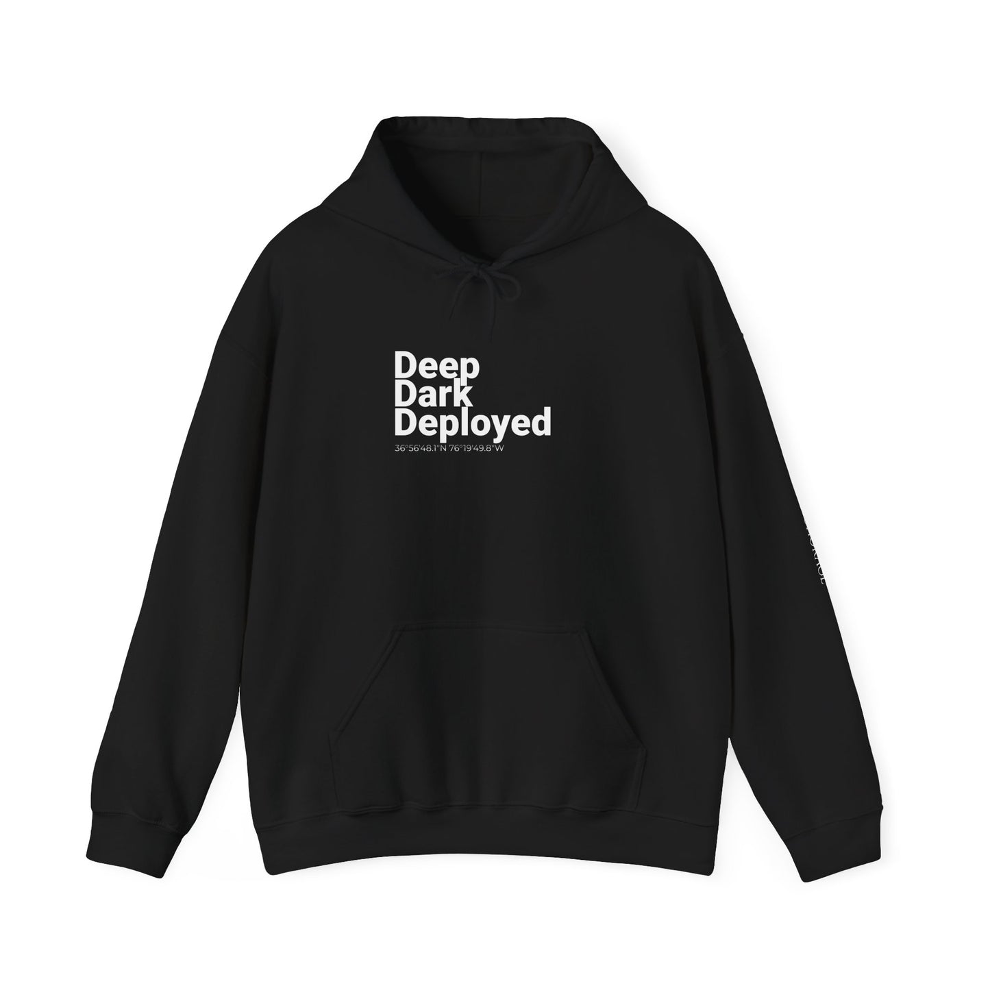 Naval Station Norfolk nautical coordinates 36°56′48.1″N 76°19′49.8″W — submariner hoodie back print detail