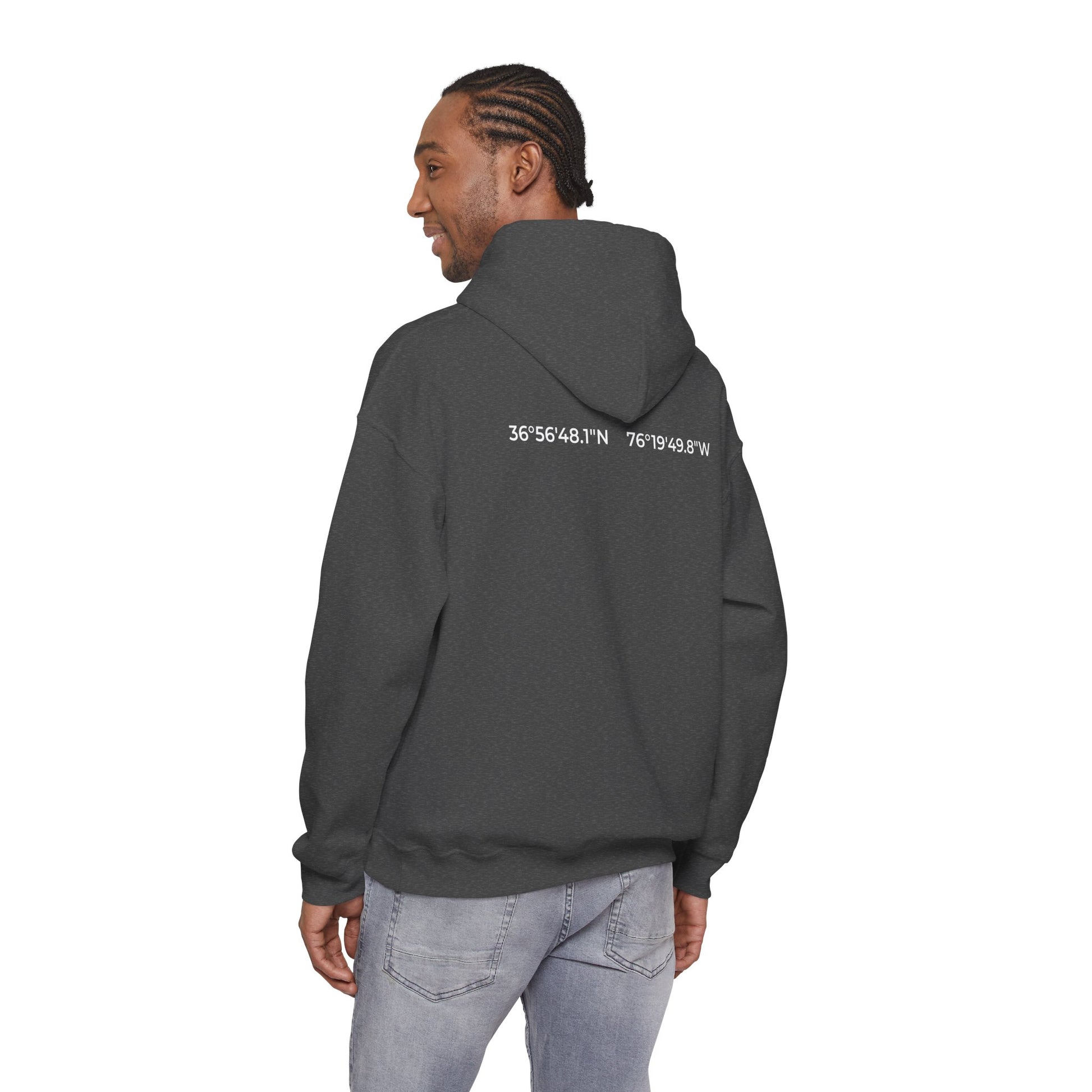 Naval Station Norfolk nautical coordinates 36°56′48.1″N 76°19′49.8″W — submariner hoodie back print detail
