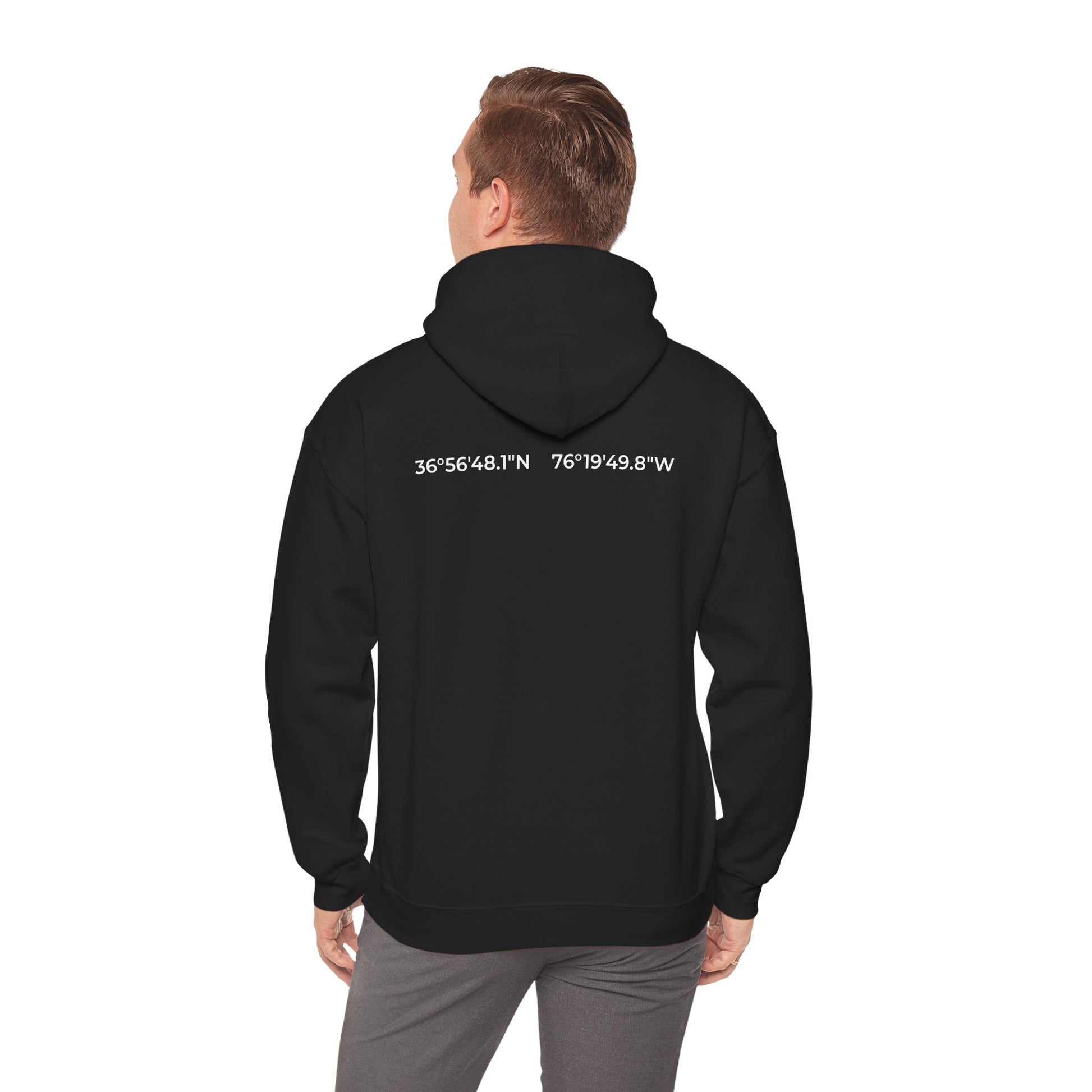 Naval Station Norfolk nautical coordinates 36°56′48.1″N 76°19′49.8″W — submariner hoodie back print detail