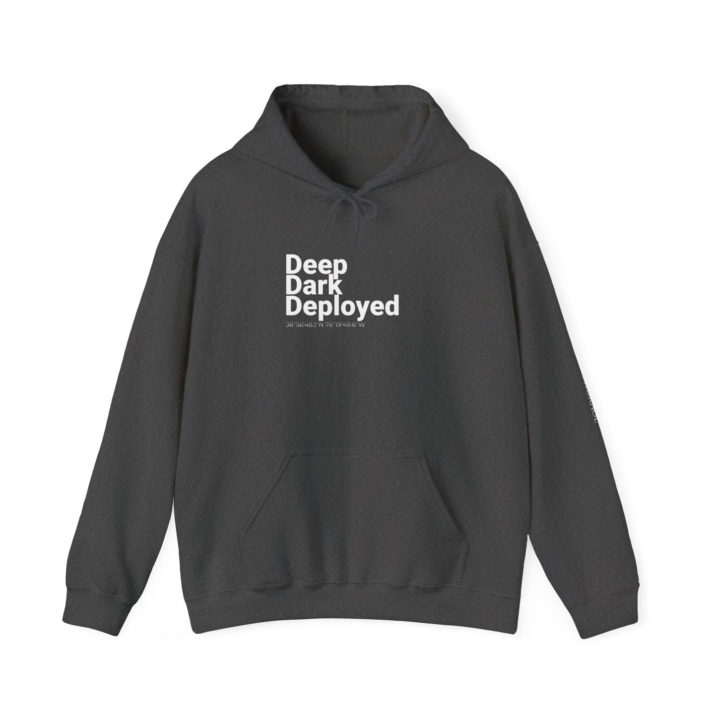Naval Station Norfolk nautical coordinates 36°56′48.1″N 76°19′49.8″W — submariner hoodie back print detail