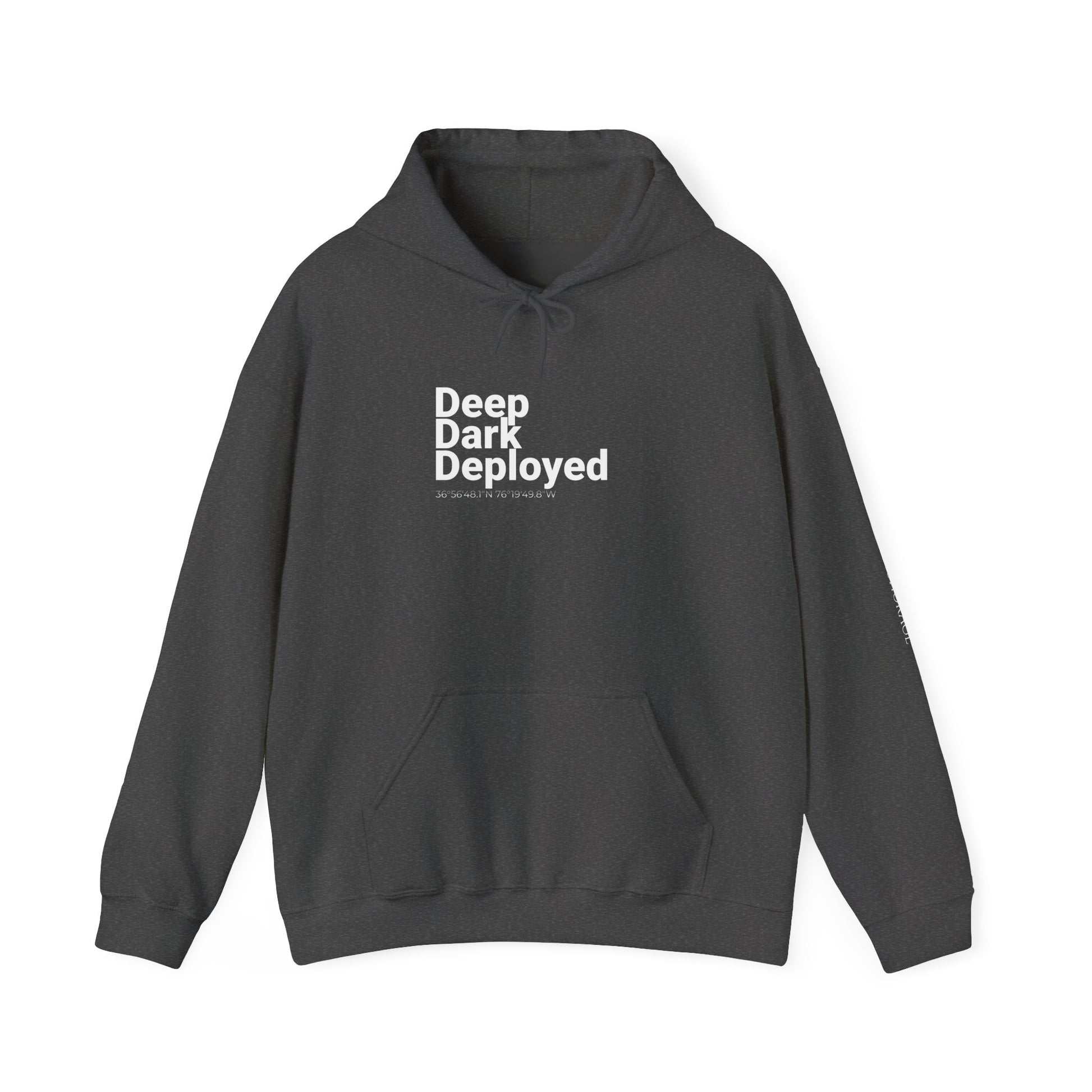 Naval Station Norfolk nautical coordinates 36°56′48.1″N 76°19′49.8″W — submariner hoodie back print detail
