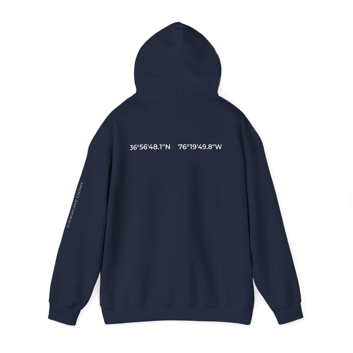 Naval Station Norfolk nautical coordinates 36°56′48.1″N 76°19′49.8″W — submariner hoodie back print detail