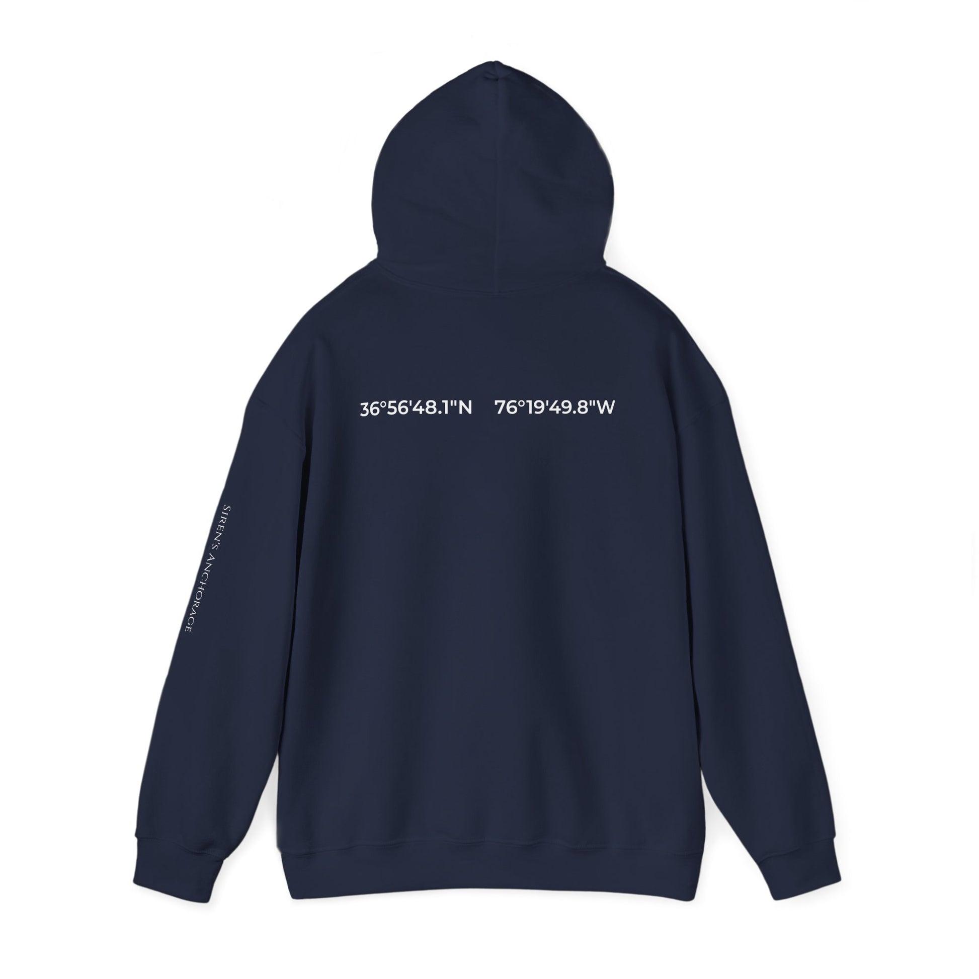 Naval Station Norfolk nautical coordinates 36°56′48.1″N 76°19′49.8″W — submariner hoodie back print detail