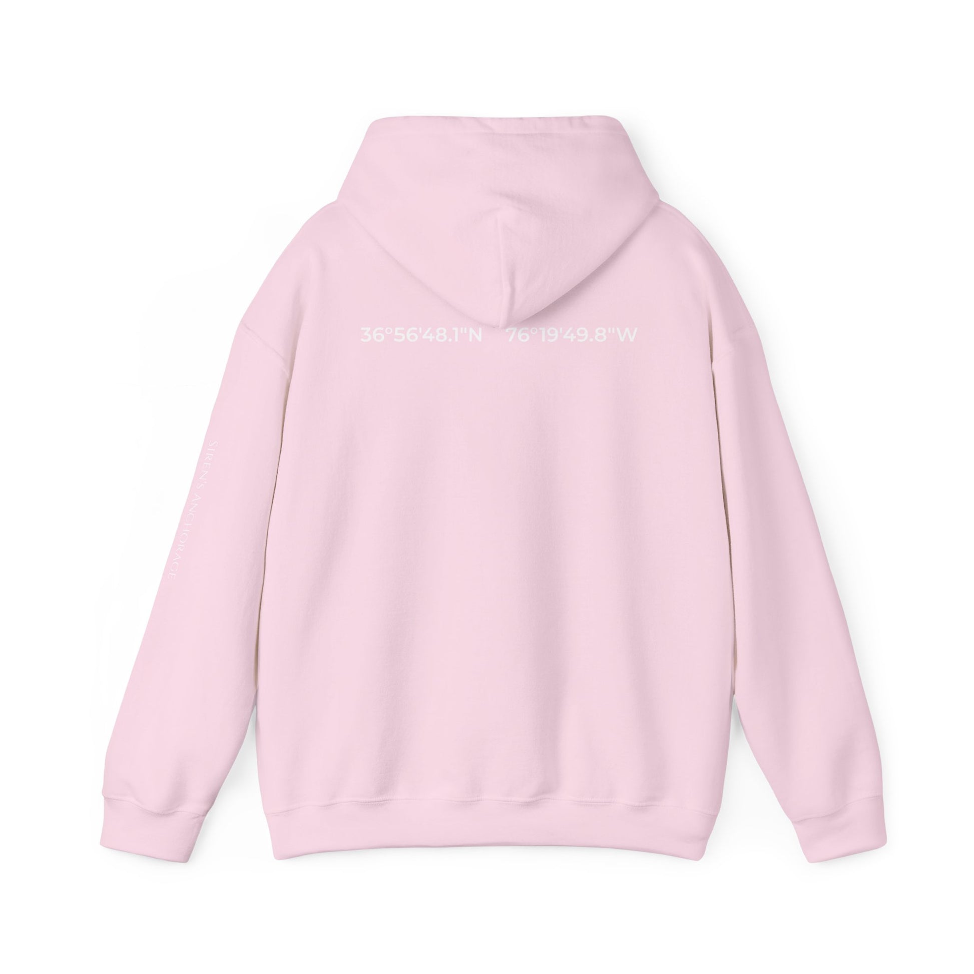 Naval Station Norfolk nautical coordinates 36°56′48.1″N 76°19′49.8″W — submariner hoodie back print detail