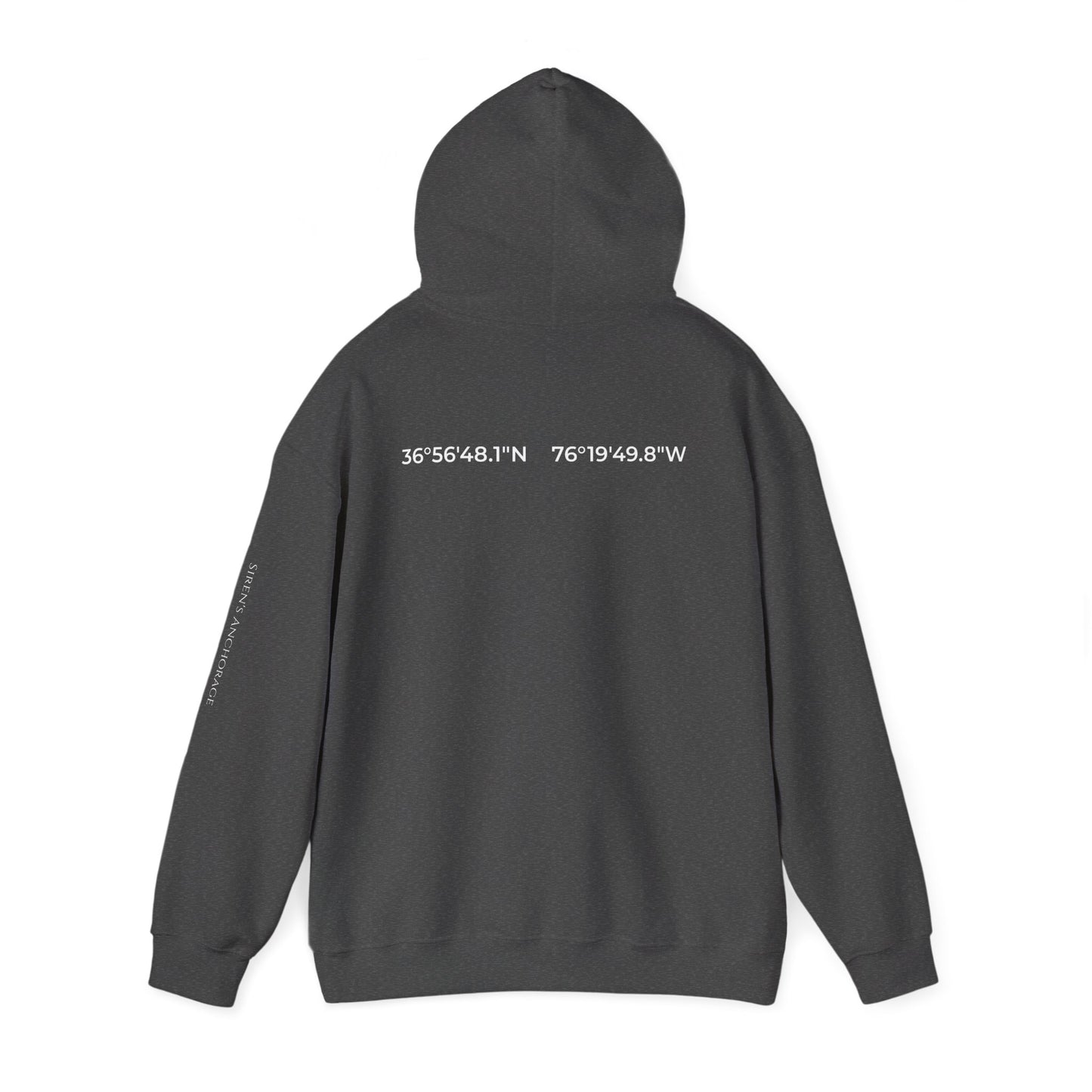 Naval Station Norfolk nautical coordinates 36°56′48.1″N 76°19′49.8″W — submariner hoodie back print detail