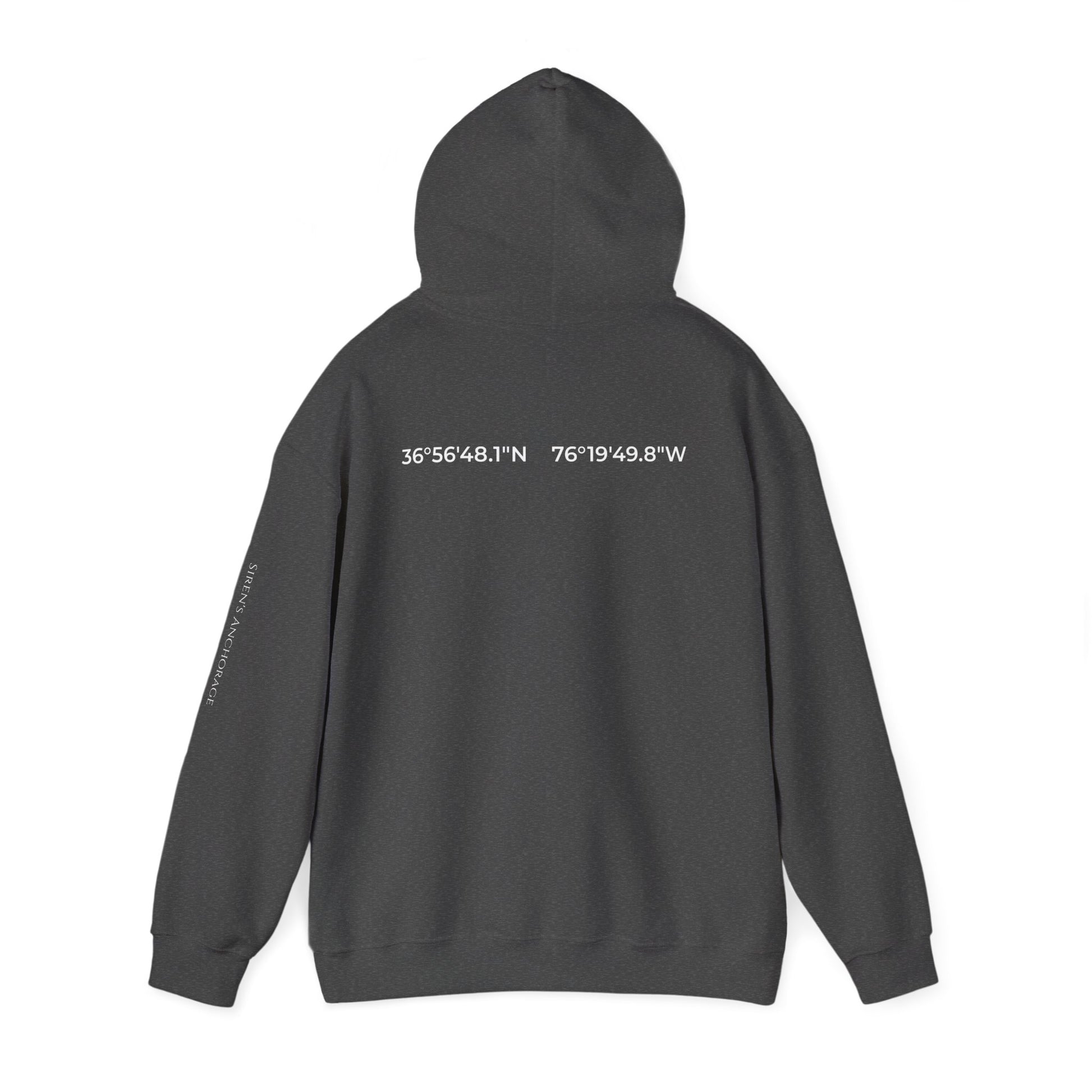 Naval Station Norfolk nautical coordinates 36°56′48.1″N 76°19′49.8″W — submariner hoodie back print detail